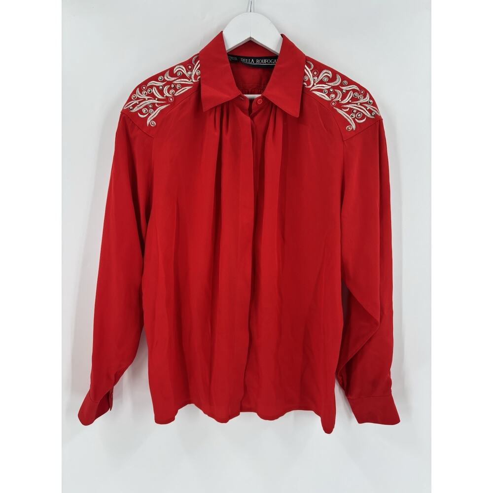 Vintage Della Roufogali Button Up Womens 14 Red Silver Western Rhinestone Silk